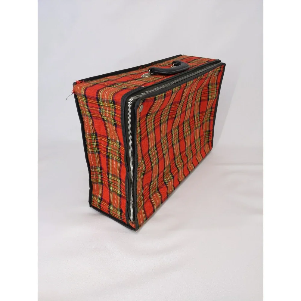 Vintage‎ 60s/70s Suitcase Red Plaid Folding Collapsible Travel Bag Carry On